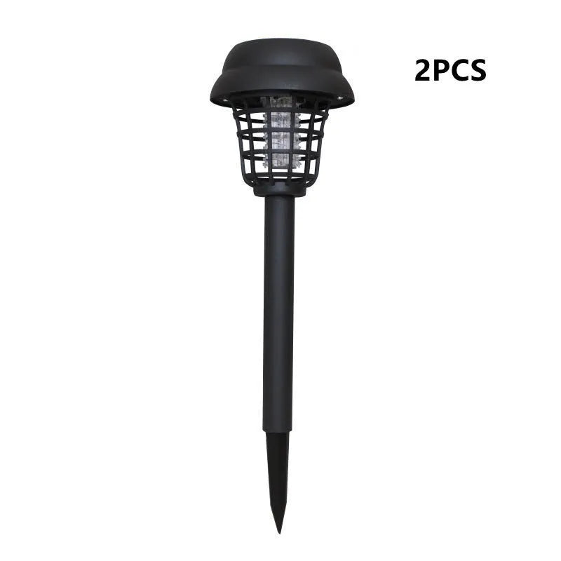 White and purple solar-powered mosquito killer lamp for outdoor garden and camping use.