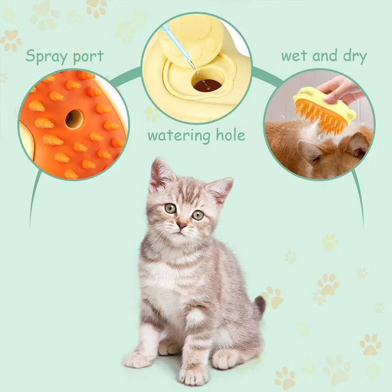 Compact white 3-in-1 steam grooming brush for removing tangled hair from cats and dogs on a table.