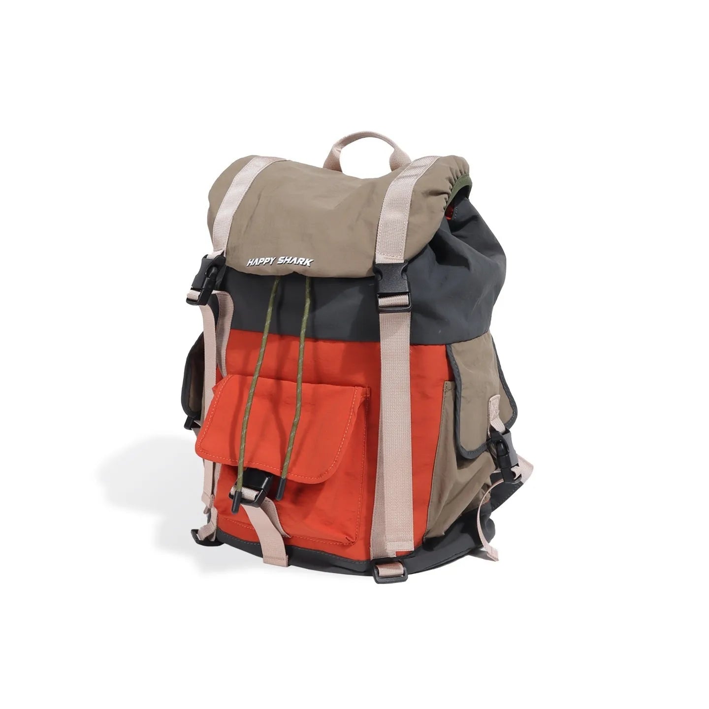 Orange green contrast colour outdoor backpack with multiple compartments and air pillow belt system