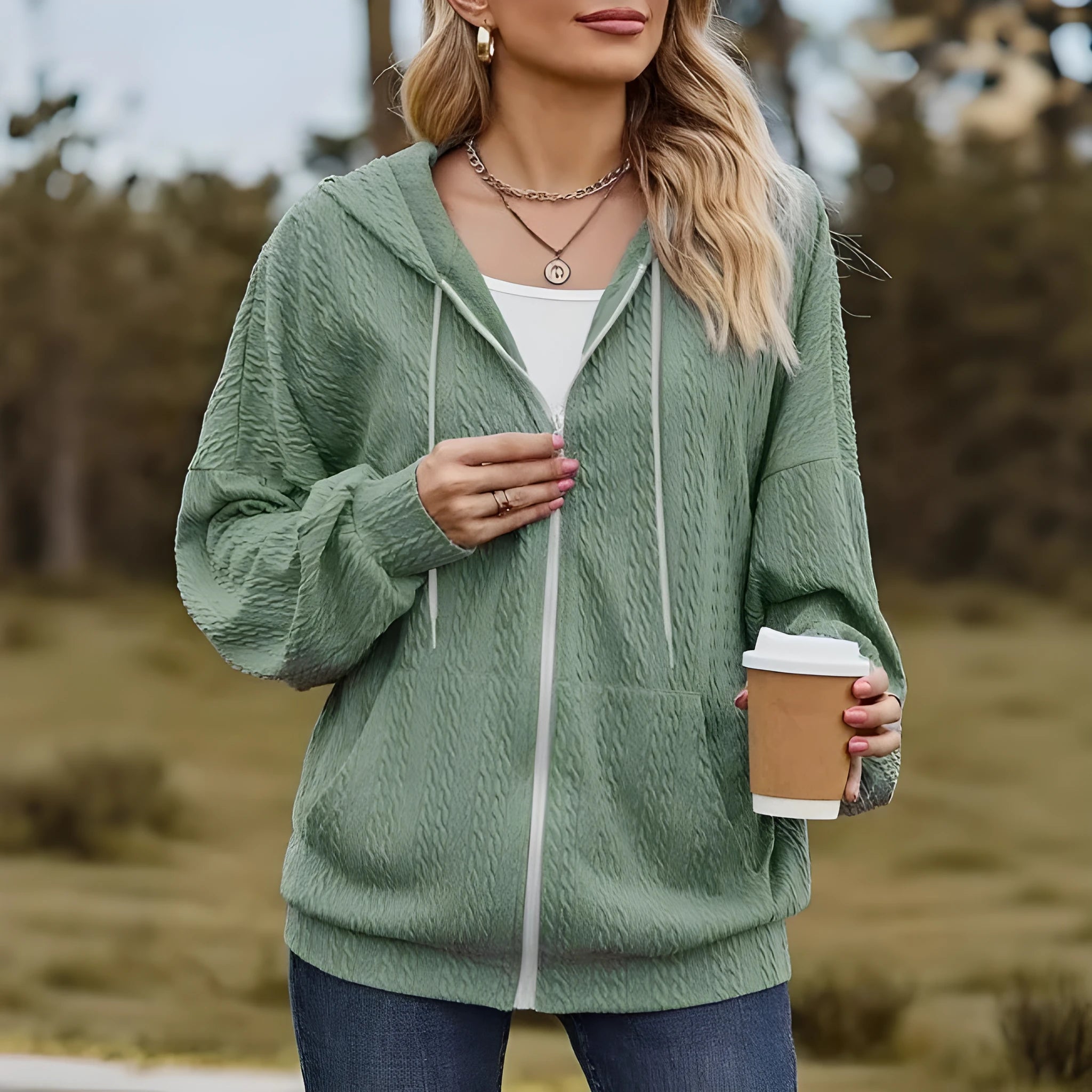 Green women's hooded zip-up coat with a loose fit, long sleeves, and a front zipper on a neutral background.
