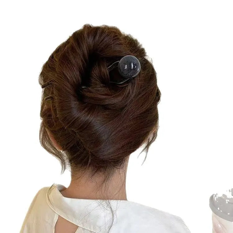 Acrylic U-shaped hair pin barrettes with retro ball decoration in beige, caramel, dark gray, and green colours.