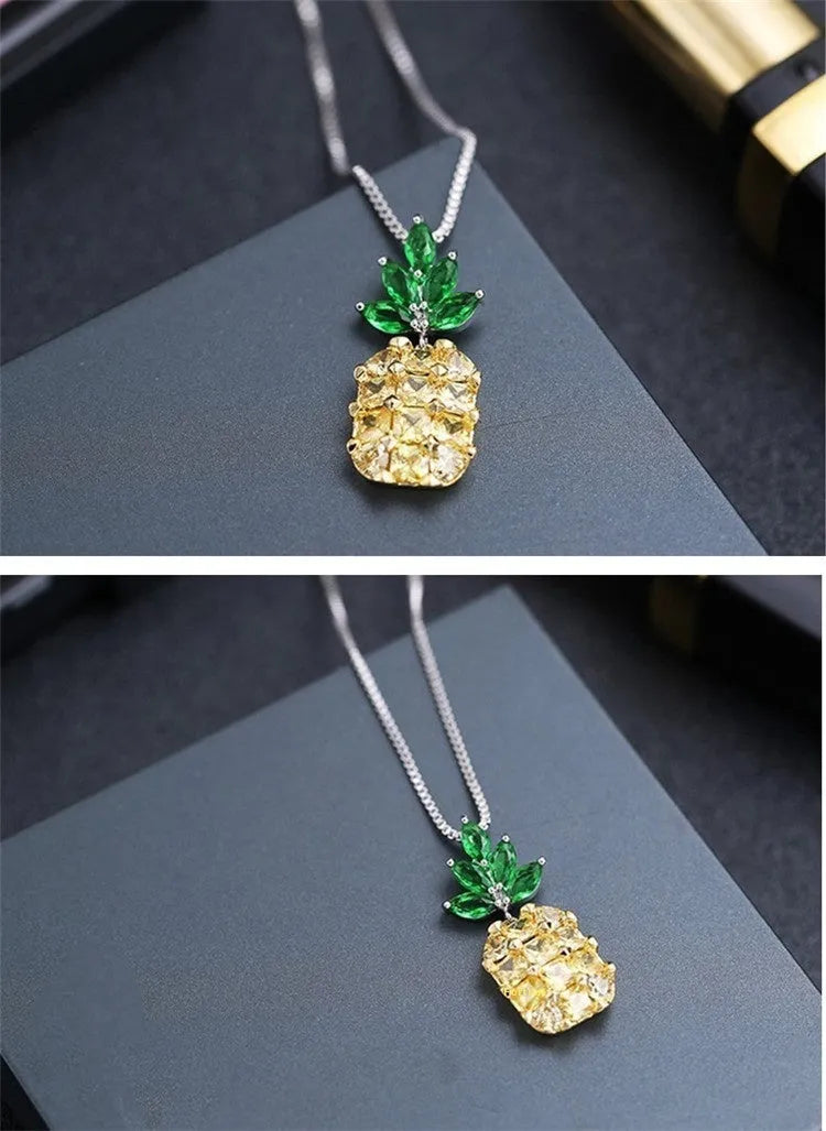 Silver Korean fashion necklace with a geometric pineapple and diamond design pendant.