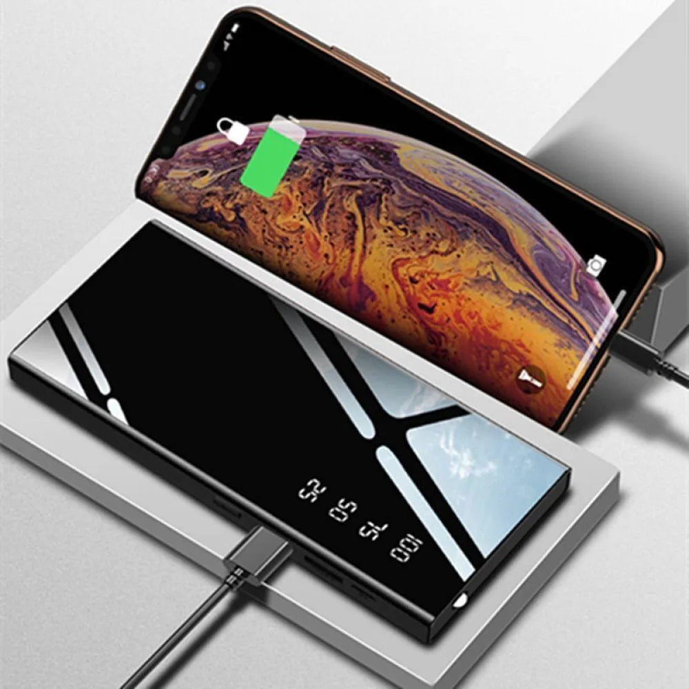 Black 20000mAh power bank showing LCD screen and two USB ports.