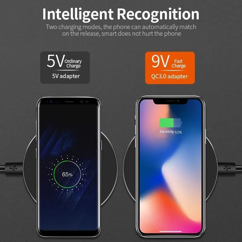 Black ultra-thin wireless charging pad with USB cable for 9V fast charging