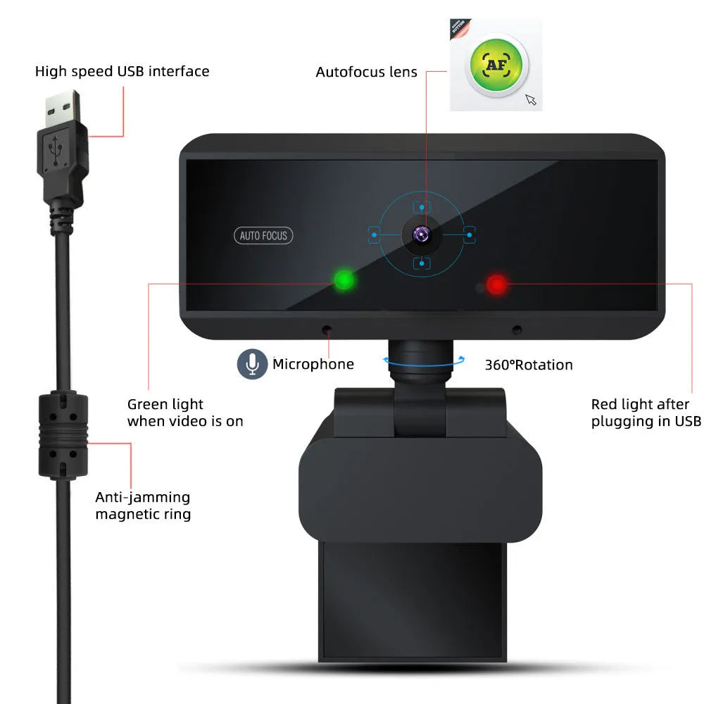 Black 5MP autofocus desktop webcam with 1.7m cable