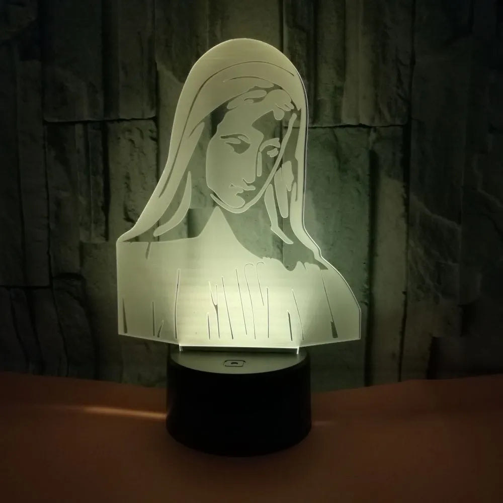 3D LED night light with laser-engraved acrylic plate showing dual-ring light pattern, on an ABS base.