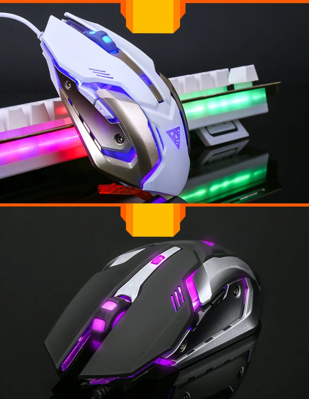 Wired USB computer mouse with 3200 DPI photoelectric sensor ergonomic contoured shape colourful luminous design black finish