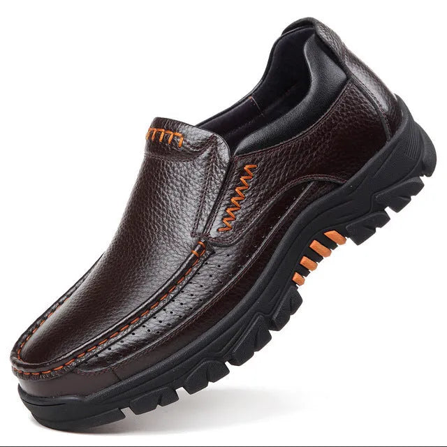 Men's black and brown business casual slip-on shoes made from cowhide leather with rubber soles