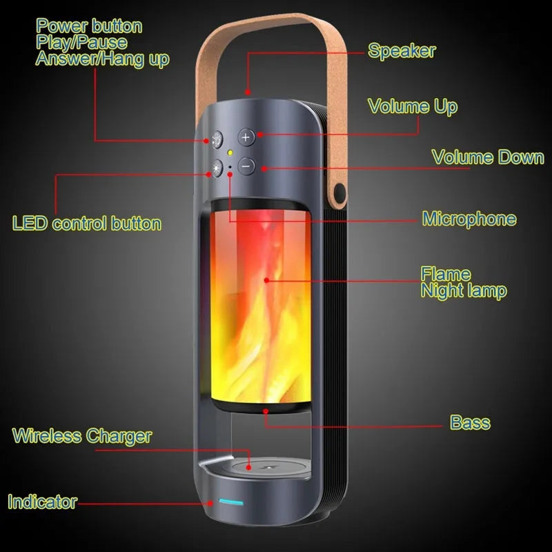 Blue portable Bluetooth speaker with dancing flame LED light showing wireless charging surface