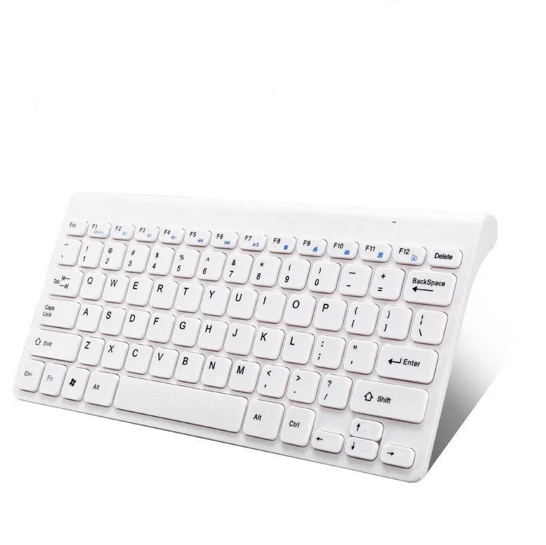 Black and white wireless keyboard and mouse set showing 78-key layout and 4-button mouse.