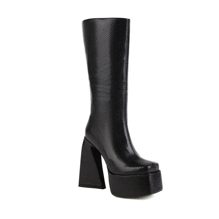 Women's black casual high boots with a round toe, made from PU leather, shown from the side.