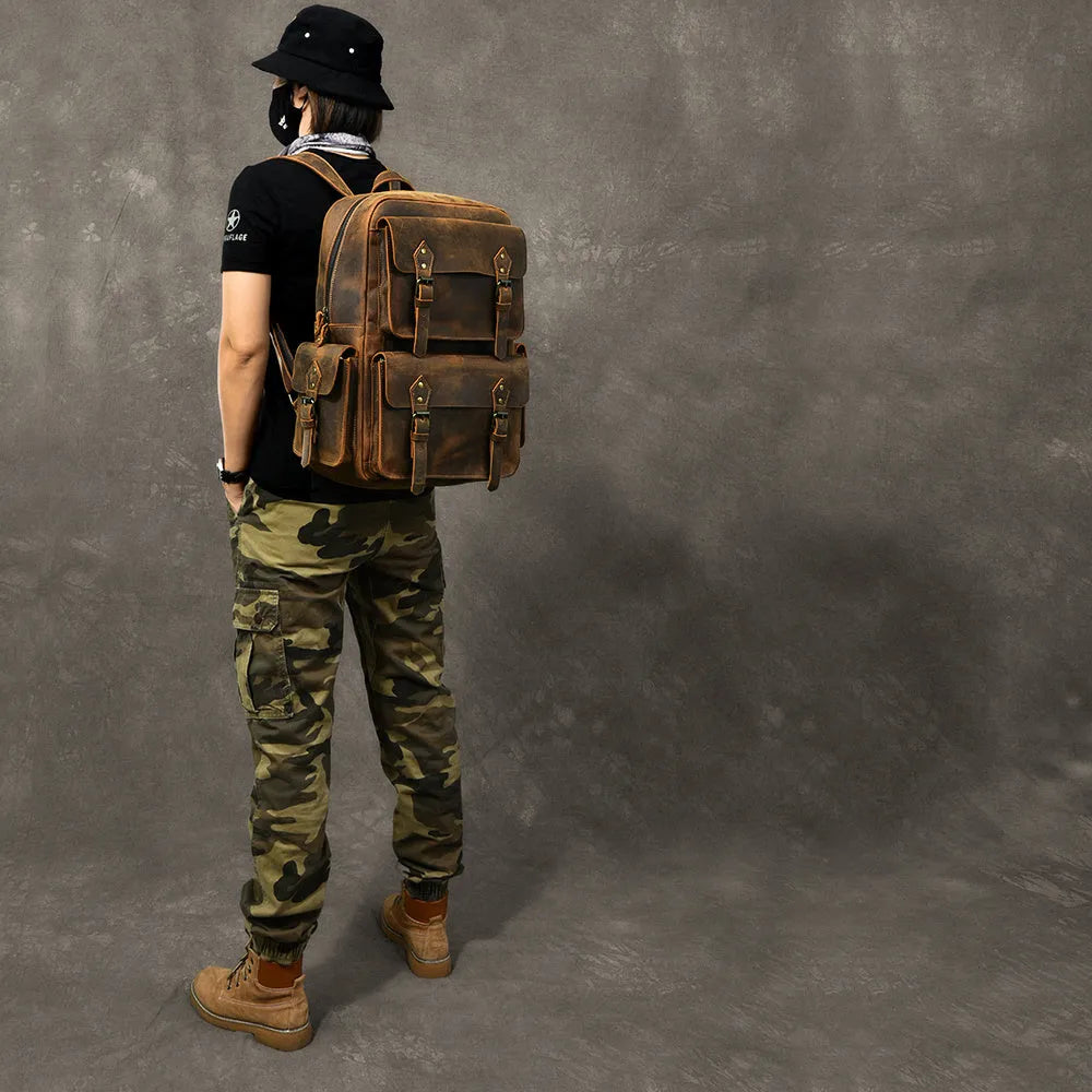 Crazy Horse leather backpack coffee colour vintage cowhide rucksack with adjustable strap
