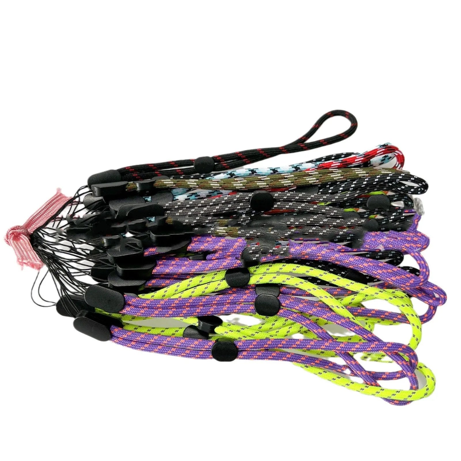 Adjustable round woven mobile phone lanyard in pink, white, and black colours