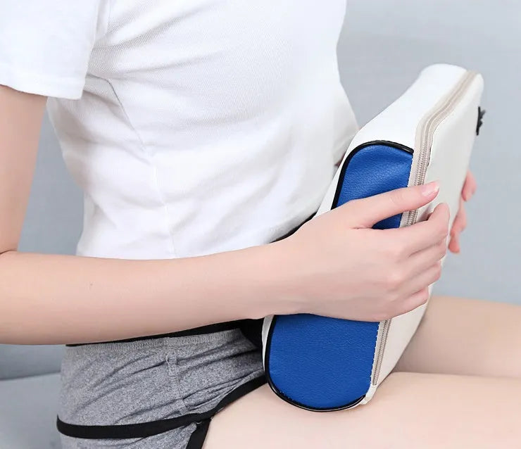 Electric cervical massage pillow with 16 heads in beige, rectangular trapezoid shape with computer control panel