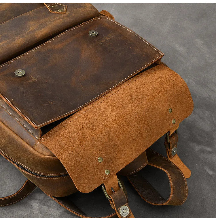 Crazy Horse leather backpack coffee colour vintage cowhide rucksack with adjustable strap