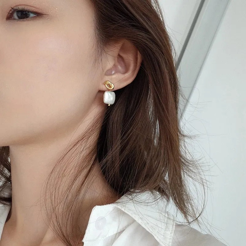 Geometric 925 Silver Natural Pearl Earrings Electroplated Finish in Picture Color Hypoallergenic Stud Earrings for Women Daily Wear and Gifting Individual Packed
