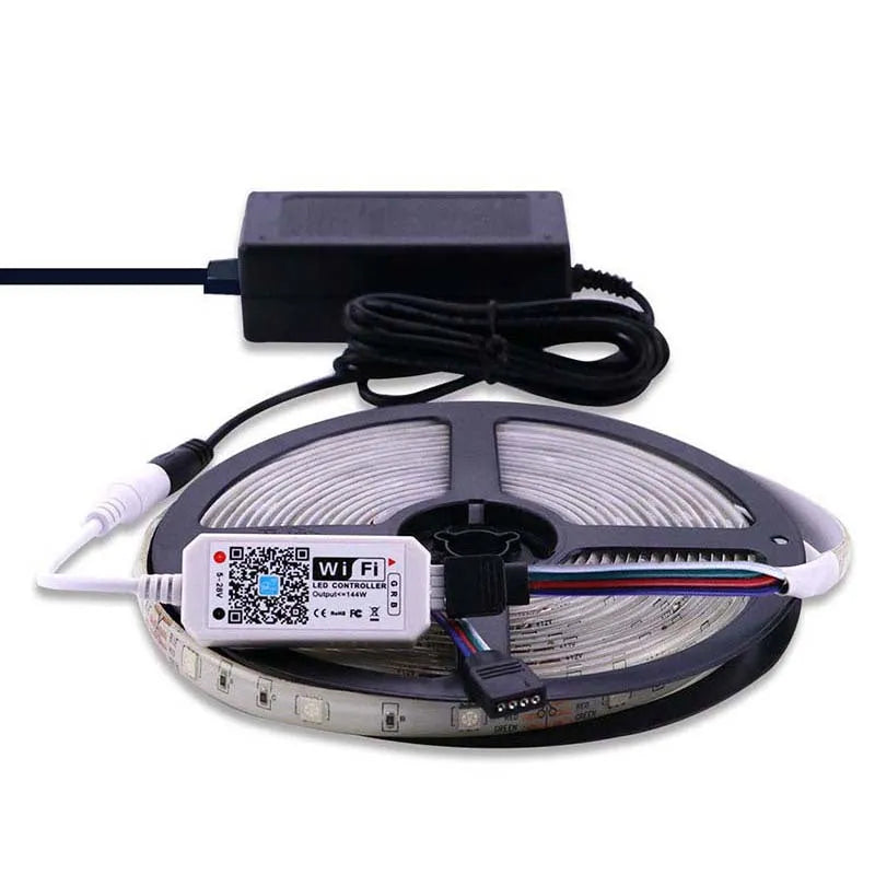 White WiFi RGB lighting controller for LED strips with DC input and smartphone app control.