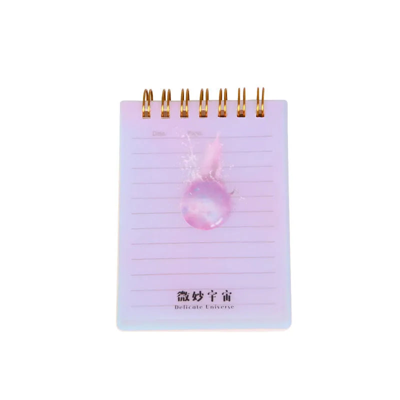 A7 spiral notebook with colourful PP cover, showing spiral binding and open pages