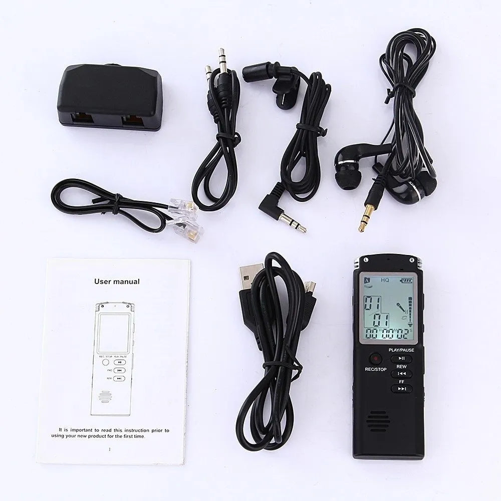 Compact USB digital voice recorder with external microphone on a desk.
