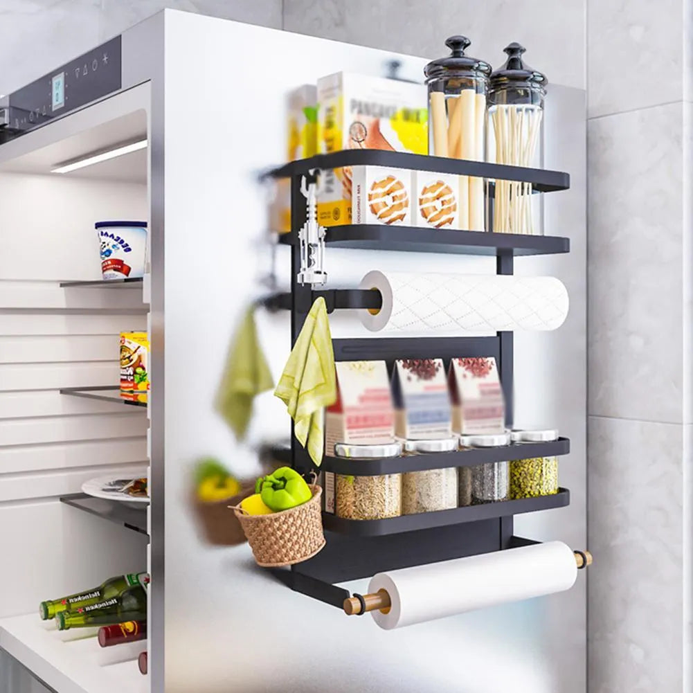 Magnetic refrigerator shelf in black attached to fridge side with vertical slatted design
