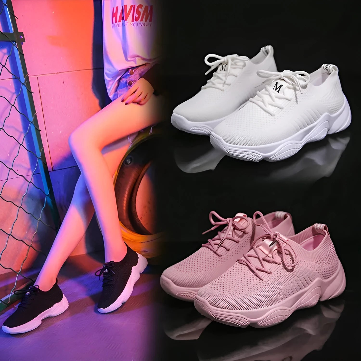 Women's white thick-soled sports shoes with flying woven upper and front strap.