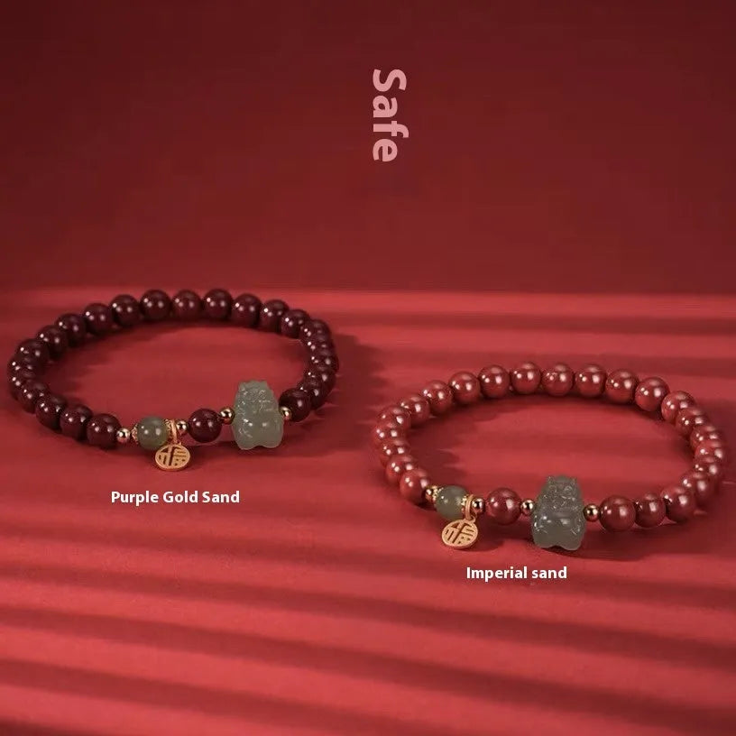 Natural Hetian Jade Cinnabar Bracelet with 8mm beads in Emperor sandstone style.