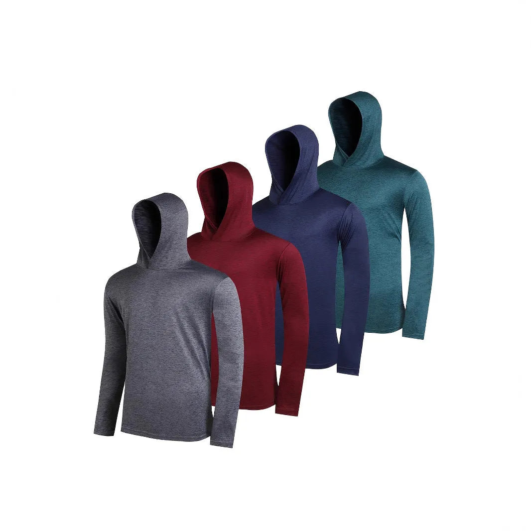 Four men's lightweight pullover hoodies in assorted colours, made from elastic polyester fibre.