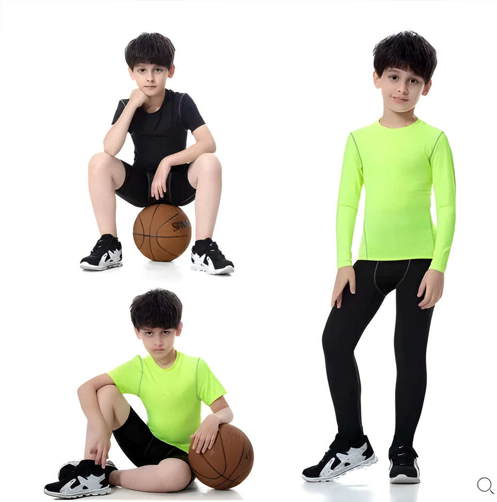 Kids' sportswear set showing black and green polyester-spandex tops and bottoms for 120-150cm sizing