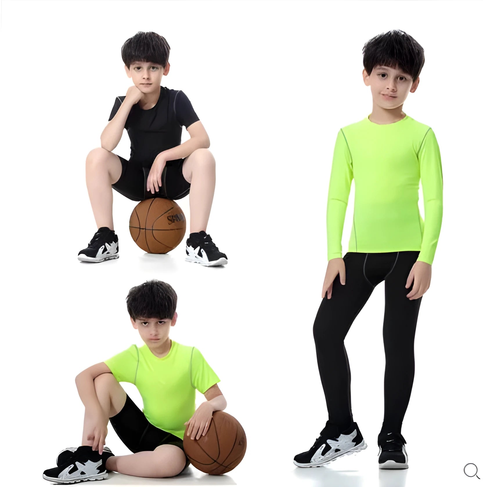 Kids' sportswear set showing black and green polyester-spandex tops and bottoms for 120-150cm sizing