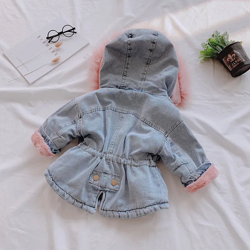 Blue girls denim coat with non-detachable hood and fleece lining.