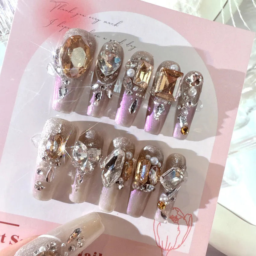 False nail patches with luxury rhinestone decorations in flash style on card packaging