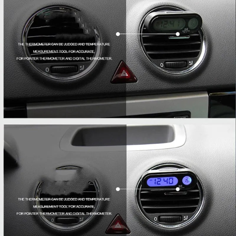 Black electronic car clock and thermometer with LED digital display on an adjustable dashboard bracket.