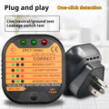 Black handheld electrical socket tester with LED lights for detecting wiring faults in UK, EU, or US outlets.