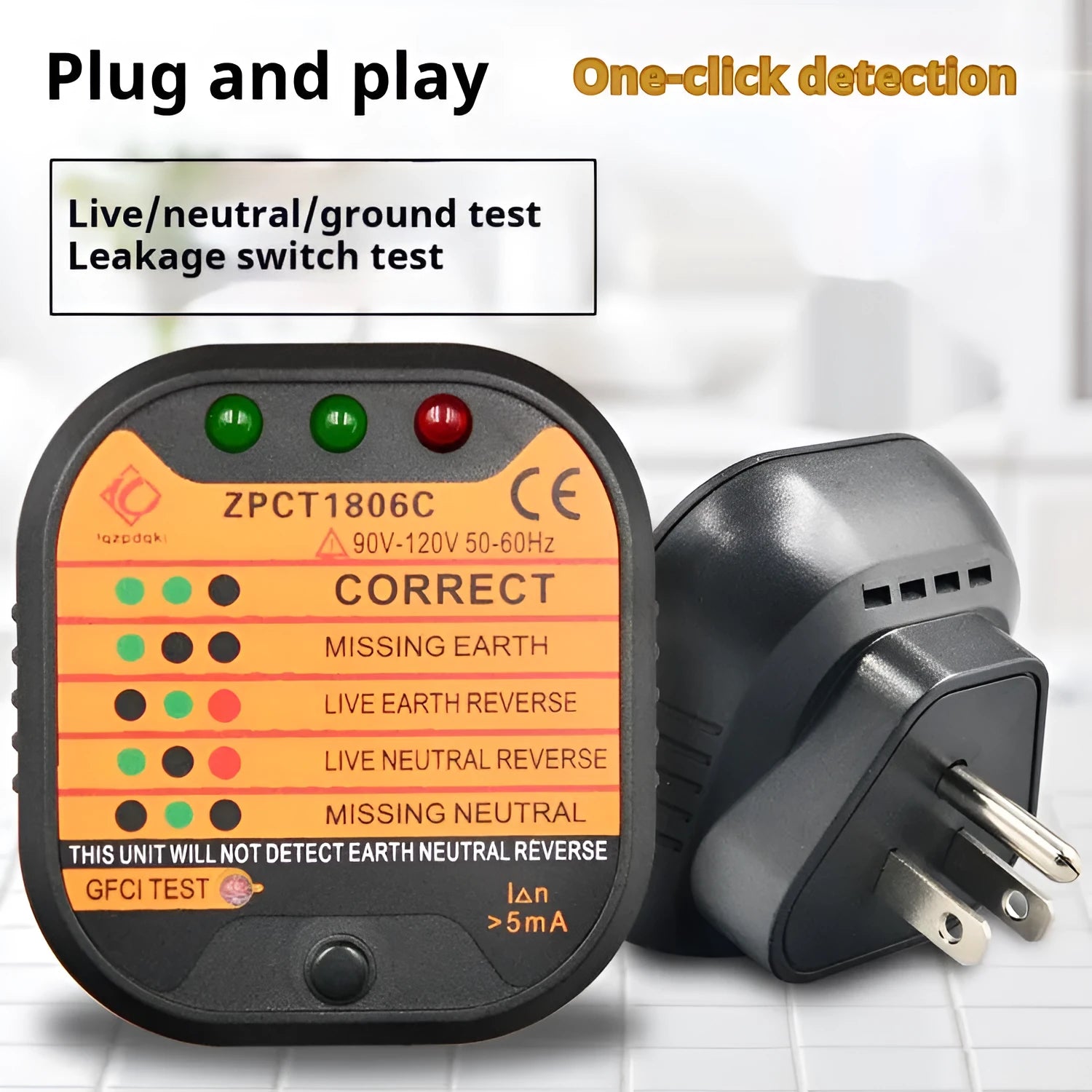 Black handheld electrical socket tester with LED lights for detecting wiring faults in UK, EU, or US outlets.