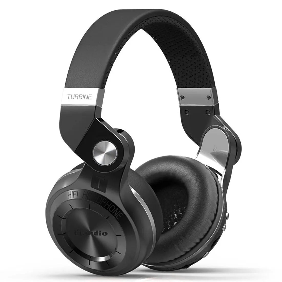 Black Bluetooth headset with head-mounted design, showcasing bilateral earpieces for stereo music playback.