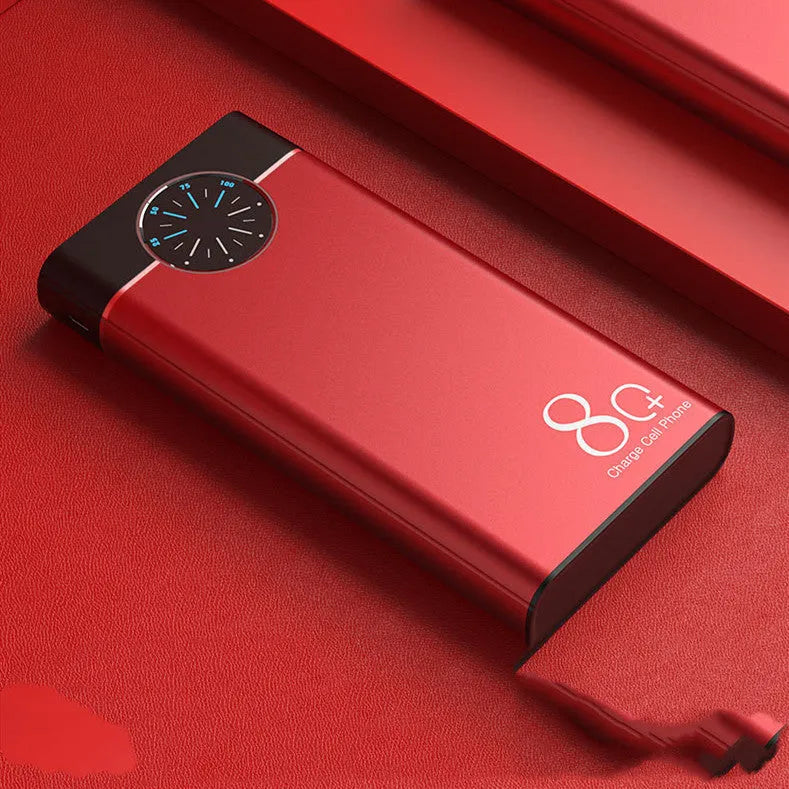 20000mAh alloy fast charging power bank in black, red, and blue colours with LED flashlight