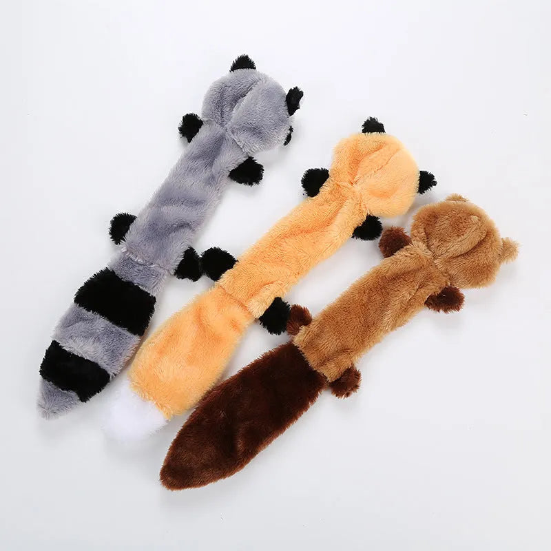 Brown plush squeak dog toy with dimensions 46 cm by 11.5 cm