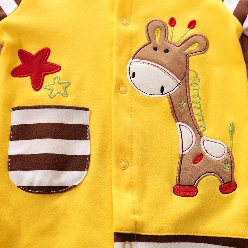 Cotton baby one-piece romper with giraffe print, long sleeves, available in sizes 59cm to 90cm for newborn and infant