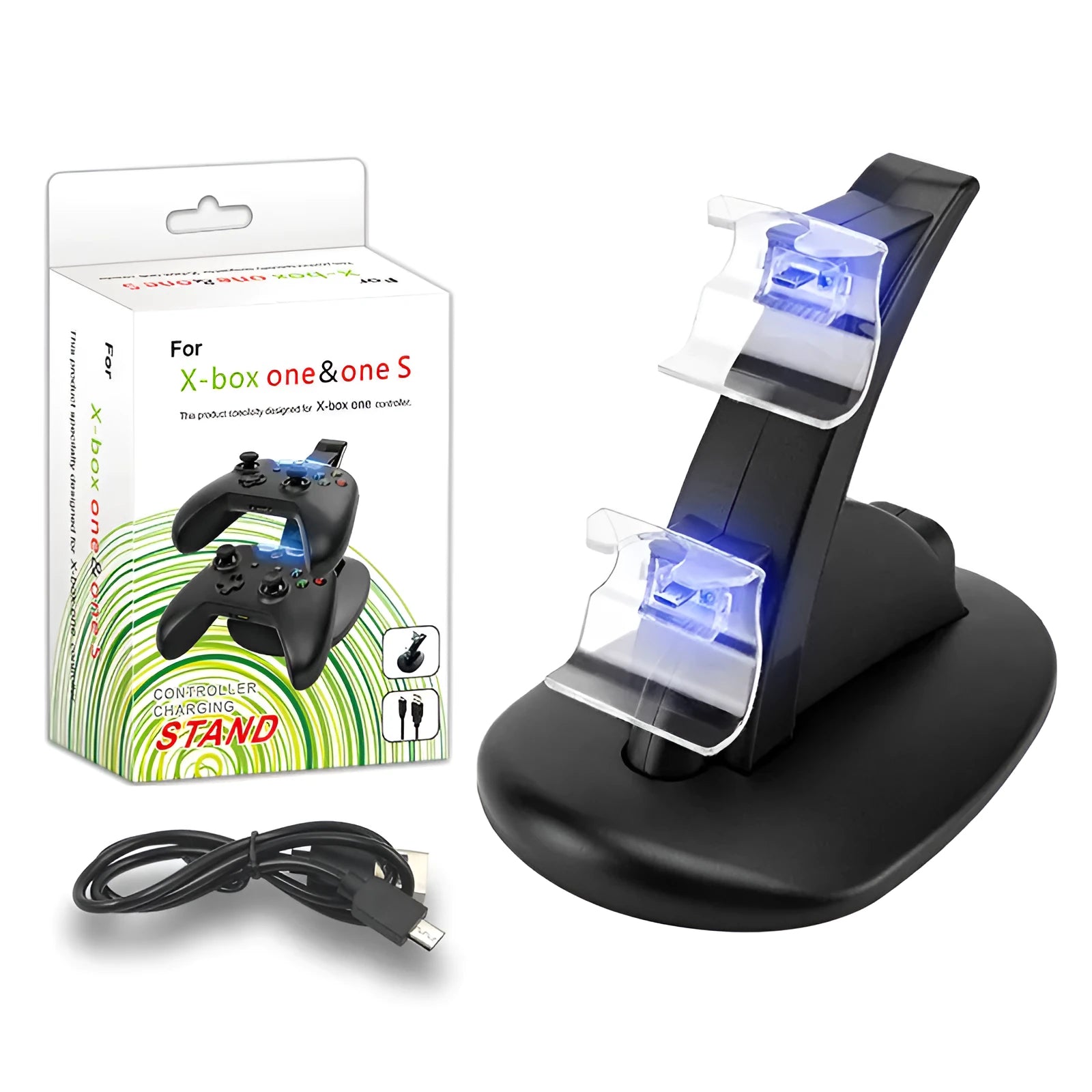 Black dual charging dock station for two Xbox One controllers, showing USB connection.