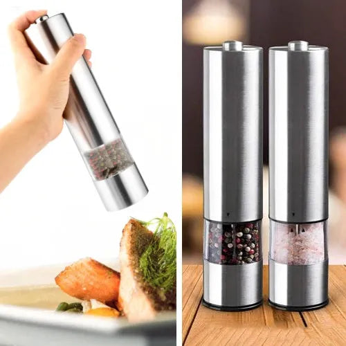 Stainless steel electric pepper grinder with manual option in natural colour.