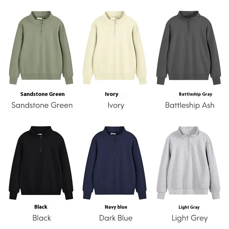 Heavyweight cotton zip-front sports sweater with stand collar in straight-cut pullover style