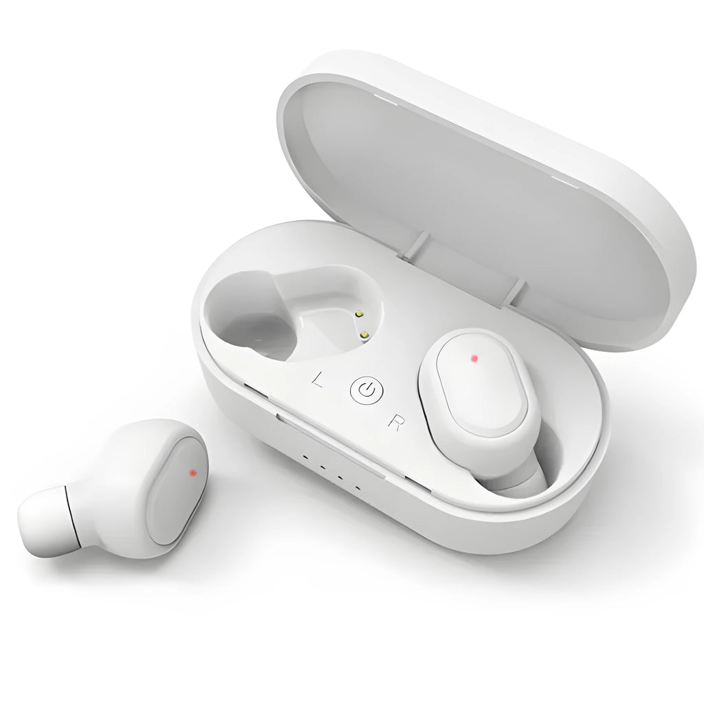 M1 Bluetooth wireless headset earbuds in black and white colour options showing stereo design
