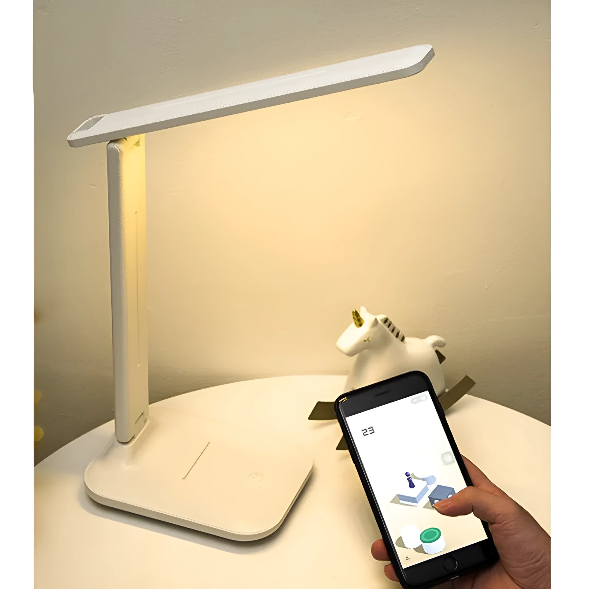 White touch dimming eye protection bedside lamp with USB charging port.