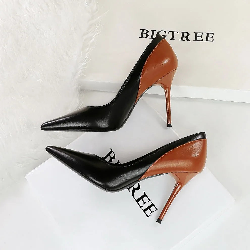 Retro style women's high heel pumps with 8cm stiletto heel and pointed toe in black or beige