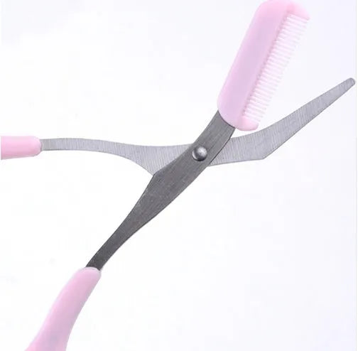 Pink eyebrow scissors and eyebrow comb set for brow shaping and grooming
