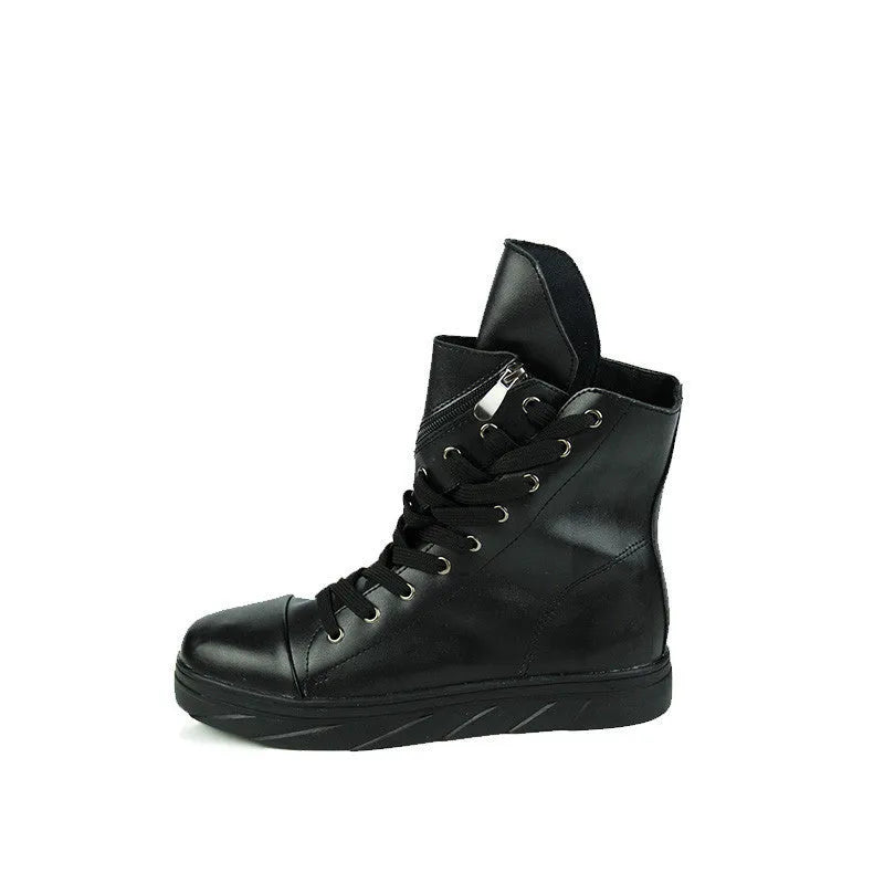 Women's Martin boots with cloth upper, round toe, side zipper, black white colour
