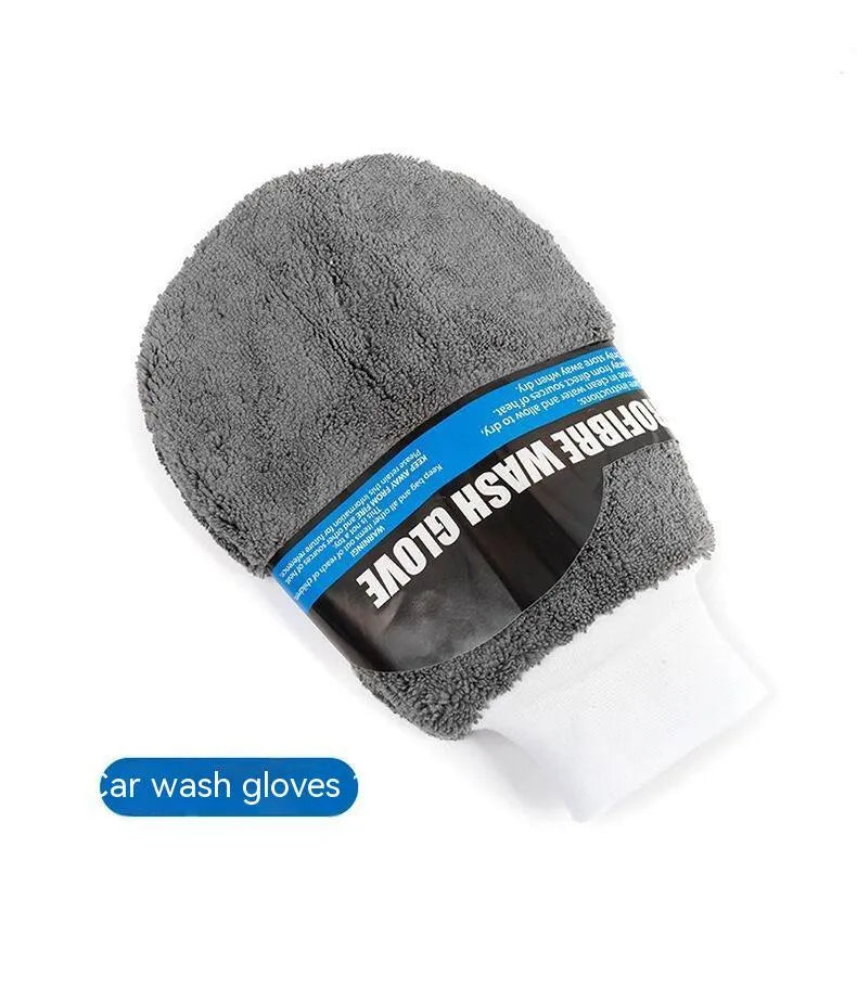 Nine-piece gray car wash cleaning set with gloves, sponge, brush, wipes, and microfiber towels