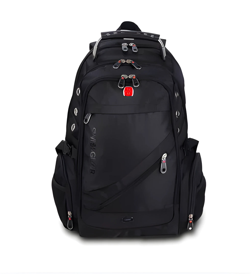 Black travel outdoor backpack with metal hardware and polyester construction, waterproof and breathable design