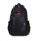 Black travel outdoor backpack with metal hardware and polyester construction, waterproof and breathable design