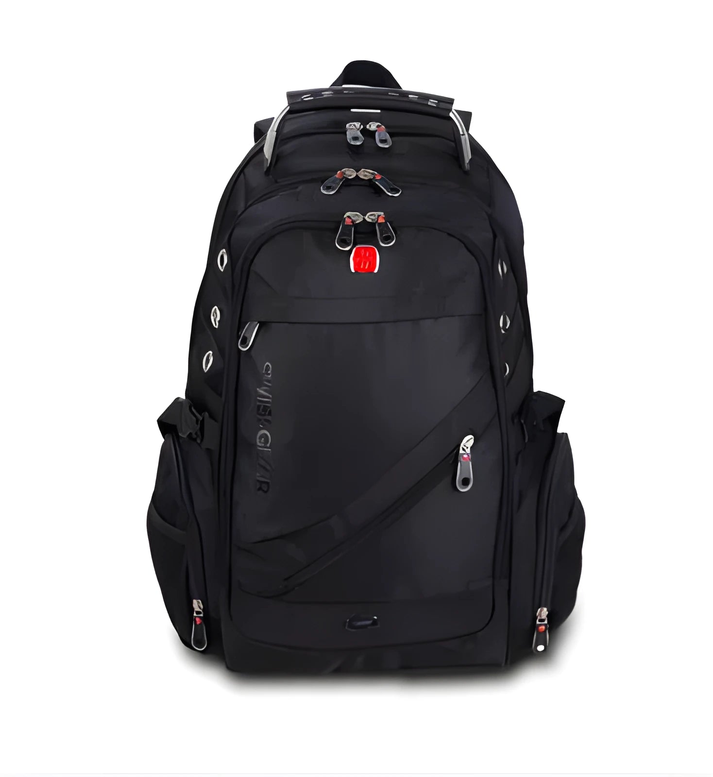 Black travel outdoor backpack with metal hardware and polyester construction, waterproof and breathable design